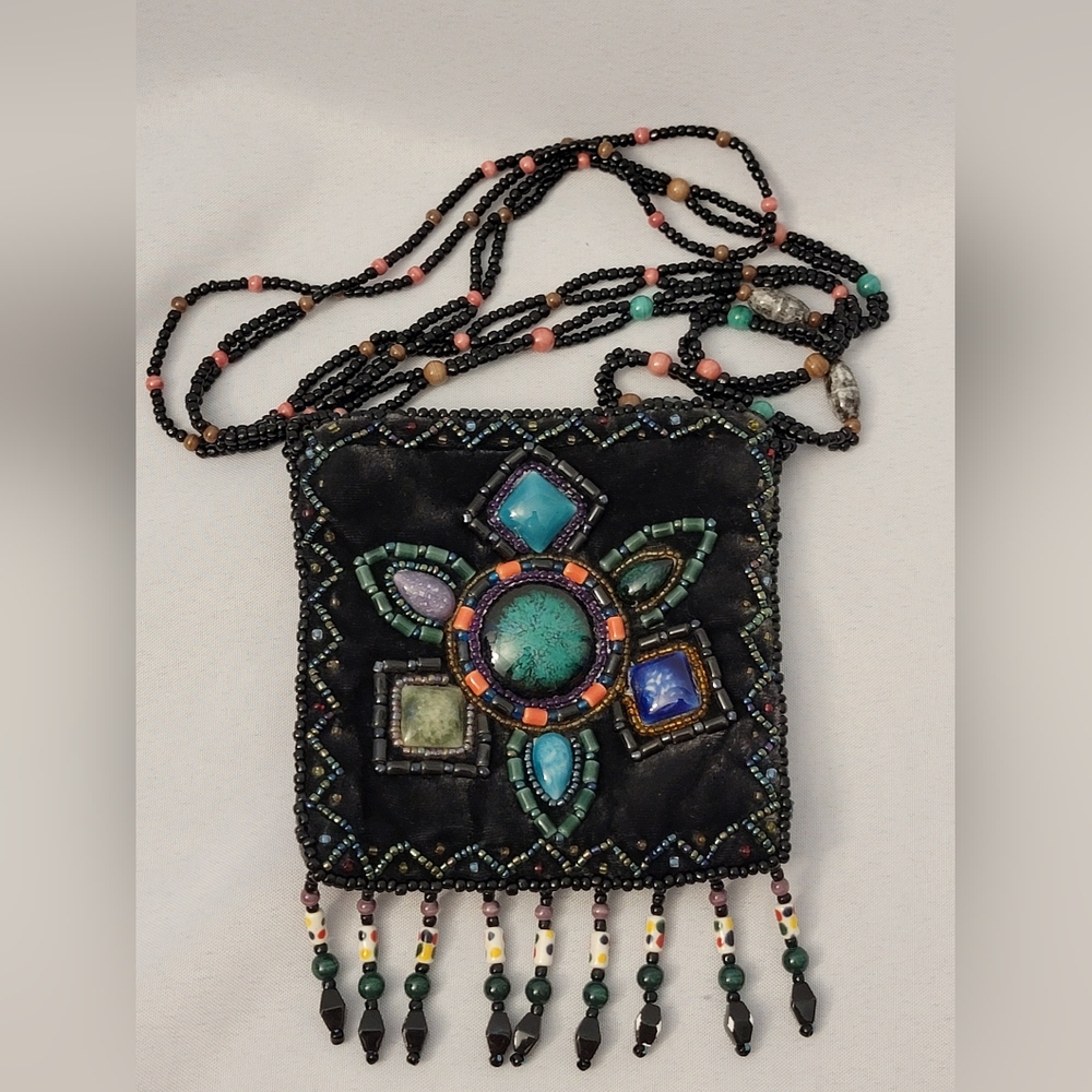 Embellished Silk/Velvet Black Beaded Crossbody Bag